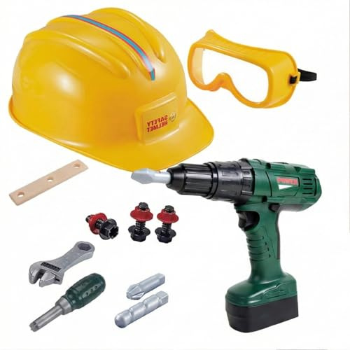 COO11 Kids Construction Tool Set with Electric Drill & Safety Helmet – 10pc Pretend Play Builder Kit with Goggles, Hand Tools & DIY Accessories – Realistic Sound & Action Workshop Toy