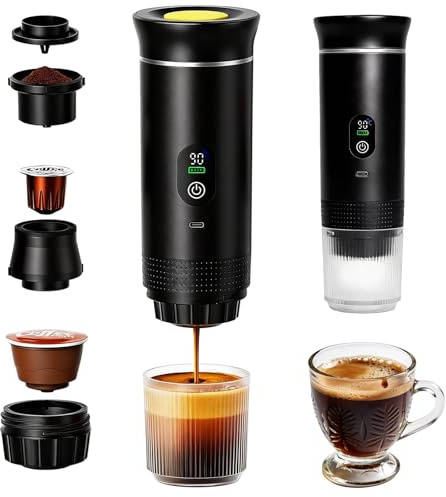 Tragbare Espressomaschine mit Akku, Kapsel Tragbare Mini Kaffeemaschine, Portable Coffee Maker, Kaffeemaschine to go mit USB C, für 3-in-1 Gemahlenem Kaffee, Perfekt für Unterwegs, Camping, Reisen