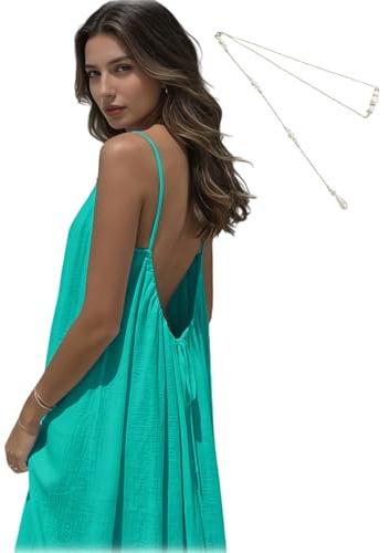 Vestido Camisero sin Espalda de Color Liso para Mujer, Vestido Camisero Informal sin Espalda, Vestido de casa sin Espaldas (Cyan,M)