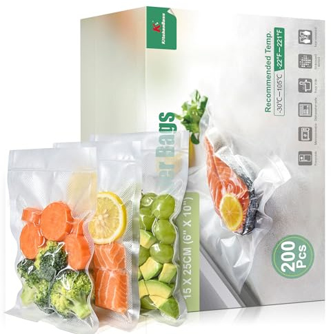 KitchenBoss vakuumpåse 200 påsar 15 x 25 cm:vakuumpåse livsmedel för vakuumapparat och sous-vide-garer, insugningspåse stark och slitstark, 175 µm