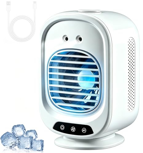 Enfriador de Aire Portátil, Mini Aire Acondicionado Móvil, Ventilador Brumizador de Mesa, 3 Velocidades, Oscilación 150°, Temporizador 1-3h, Ventilador Recargable para Oficina, Hogar, Camping, Blanco
