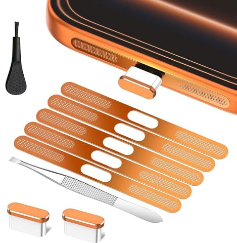Jafaharug USB C Staubschutz para iPhone 17 Pro MAX, protección contra Polvo con Cubierta de Altavoz de Rejilla metálica y Herramienta de Limpieza, Tapa Protectora USB C Naranja