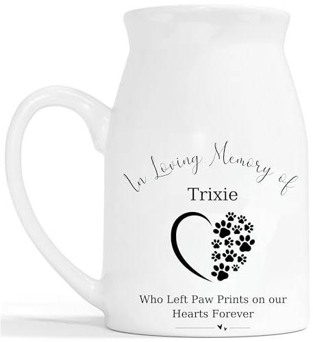 Pet Memorial Flower Vase - Personalised Pet Loss Gift Ceramic Customised Milk Jug - Who Left Paw Prints Dog Rememberance Cat Bereavement Keepsake - White 450ml