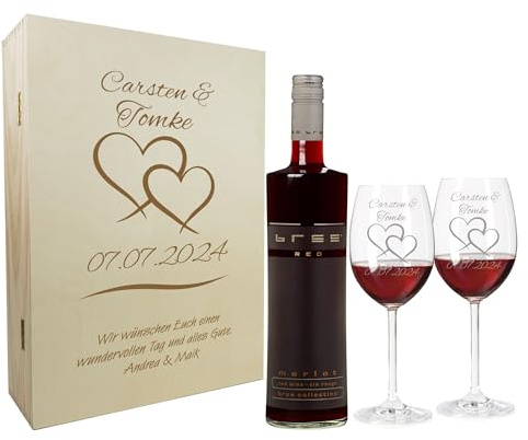 laser-diele Geschenk zur Hochzeit – Wein Geschenksets – Weinglas mit Gravur – Geschenke für Paare – Rotwein – Zwei Herzen
