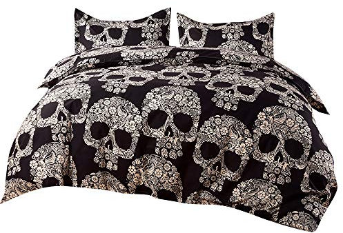 MISSMAO Bettwäsche-Set aus Bettbezug und Kissenbezügen, Gothic Skull des Druckens 3D, 228x228cm