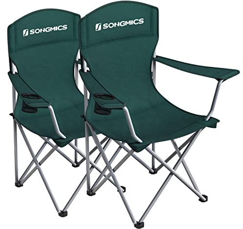 SONGMICS Campingstol set om 2, fällstol utomhus, fiskestol, högt ryggstöd, armstöd, mugghållare, vikbar, kan belastas upp till 150 kg, camping trädgård terrass, mörkgrön GCB08GN