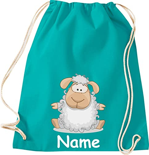 Shirtinstyle Turnbeutel, Tiere Schaf Schäfchen mit Wunschnamen, Kinder, Stoffbeutel, Kinderrucksack, Jute, Gymsack, Farbe Emerald