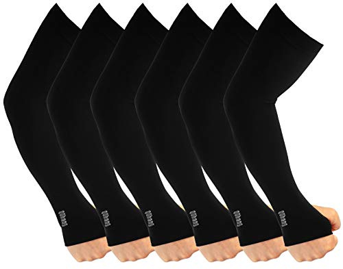 QUhang 6 Pairs Arm Compression Sleeves for Women Men Outdoor UPF50 UV Protection Sun Sleeves Cooling Tattoo Black Sleeve with Thumb Hole