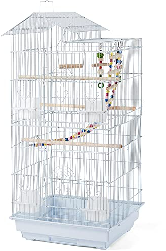 Yaheetech Vogelkäfig Vogelvoliere Wellensittichkäfig schwarz 46 x 35,5 x 99 cm, Vogelhaus mit Spielzeug Klettern Weiß
