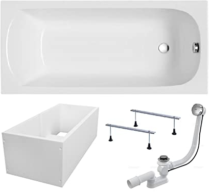 BADLAND Badewanne Original Weiß Acryl Wanne Rechteck CLASSIC 120x70 KOMPLETTSET SET mit Premium Wannenträger + Füßen und Exklusive Chrom Automatik Ablaufgarnitur Made in EU 4in1