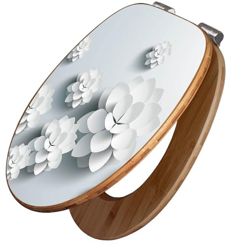 banjado Design WC Sitz Bambus Absenkautomatik 45,8x37,5cm / Toilettendeckel mit Absenkautomatik Holz/hochwertiger Bambus Klodeckel/WC-Sitz für gängigen Toiletten/Motiv Papier Lotus