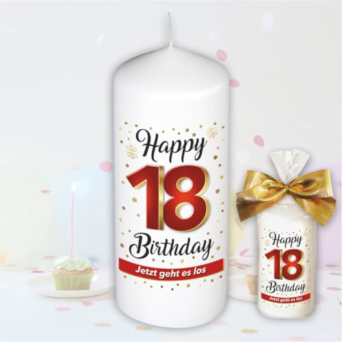Stumpenkerze - Geburtstagskerze zum 18. Geburtstag, Happy Birthday - Für Dich | Motive auf Tattoofolie | Geschenkfolie und goldener Schleife | Kerze mit Geburtstagszahl Zahl in Geschenkverpackung