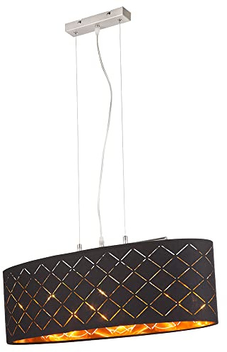 Deckenleuchte Lampe Wohnzimmer hängend schwarz gold Wohnzimmer hängend Hängelampe Esstisch, 3 Flammig Stanzungen, Metall Textil, 3x LED 7W 806Lm 2700K, LxBxH 65x25x140 cm
