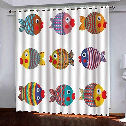 Blickdicht Blackout Vorhang Mit Ösen Schalldämmend Gardinen Polyester 3D Bedruckt Süßer Fisch Für Wohnzimmer Schlafzimmer Kinder Oder Babyzimmer 280(B) X250(H) cm - Bedruckte Verdunkelungsvorhänge