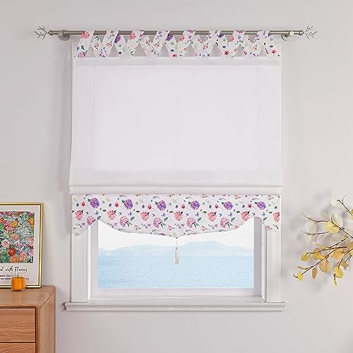 ESLIR Raffrollo mit Schlaufen Blickdicht Gardinen Küche Raffgardinen V Schlaufen Landhaus Schlaufenrollo Vorhänge Wohnzimmer mit Blumenmuster 1 Stück BxH 100x140cm