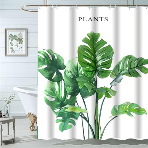 Duschvorhang Tropische Pflanzen 240x180cm, Gewichteter Saum, Schnell Trocknend Polyestergewebe Badezimmerzubehör, Waschbar Bad Vorhang Bohemien Shower Curtain mit Haken, für Badewanne/Dusche W-366