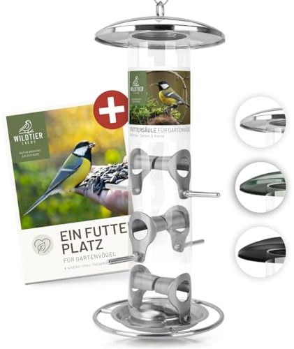 wildtier liebe Körner Futtersäule, Vogelfutterspender 35cm, Silber - aus rostfreiem Edelstahl I Vogel-Futterstation, Vogelfutter-Säule, Wildvögel Futtersilo I Ganzjährige Vogelfütterung