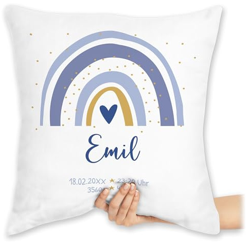 Geschenk mit Namen personalisiert by Shirtracer - Zierkissen 40x40 - Polyester - Dekokissen - Kissen - 40 x 40 cm - Weiß - modern - Regenbogen mit Herzen und Namen