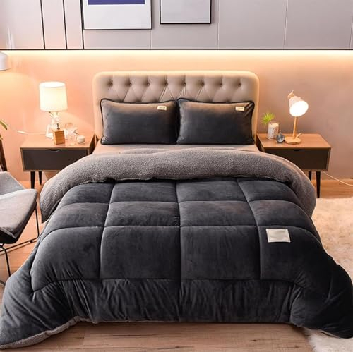 UYSELA Quilt Double-Deep Sleep Duvet Steppdecke, Dickes Lammkaschmir,Winterwarmer Lammsamtkern,Dicke Bettdecke, Flauschige Kaschmirdecken,Doppelseitiges Design,Schwarz,200×230cm(4kg)
