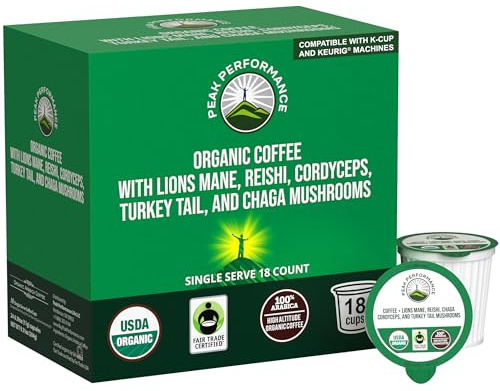 Organic Mushroom Coffee Pods with Lion's Mane, Reishi, Cordyceps, Turkey Tail, and Chaga Mushrooms. High Altitude, Low Acid, Smooth Tasting, Fair Trade, Instant Nootropic Coffee (Medium Roast Ground)