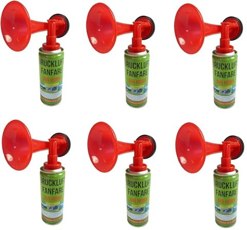 JUNG Druckluftfanfare Air Horn 6X 210ml, bis zu 60 Signale, Fanfare für EM 2024, Europameisterschaft, als Warnsingnal, Hupe Tröte Drucklufthupe Gashupe Fantröte Airhorn Stadion Horn