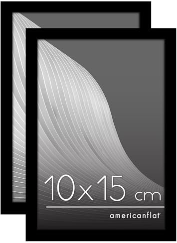 Americanflat Bilderrahmen 10x15 cm (2er Pack) - schmaler Fotorahmen 10x15 cm mit bruchsicherer Scheibe - inklusive Ständer und integrierter Aufhängung für Hoch- und Querformat - Schwarz