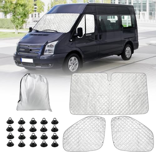 Sonnenschutz Auto Frontscheibe Ersatz für Ford Transit Van MK8 2014-2026 | 3PCS Thermomatte Verdunkelung Windschutzscheiben Schutz Set Internes Thermisches Jalousie Fenster Set mit Aufbewahrungsbeutel