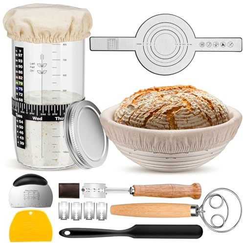 Complete Sourdough Starter Kit, Sourdough Bread Baking Supplies with 9'' Round Banneton Bread Proofing Basket, 36oz Sourdough Starter Jar, Bread Lame, Dough Scraper, Dough Whisk & Silicone Bread Sling