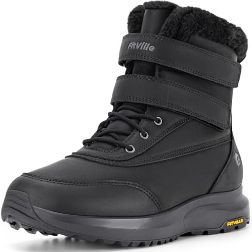 FitVille Mens Wide Width Waterproof Snow Boots, Fur Lined Winter Boots Non-slip Walking Shoes for Outdoor Hiking, Warm and Cosy Wide 8.5 UK Jet Black