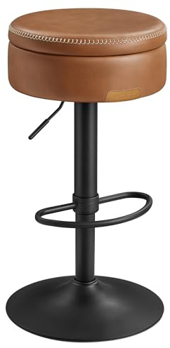 VASAGLE EKHO Collection - 360° Swivel Bar Stool, Height Adjustable Barstool with Storage, Synthetic Leather with Stitching, Mid-Century Modern, Kitchen Bar, Easy Assembly, Caramel Brown