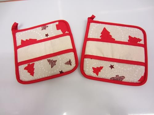 COPPIA PRESINE CUCINA NATALE FANTASIA ALBERI E STELLE ROSSO CON INSERTO AIDA