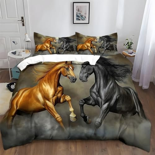 Generico Copripiumino Policotone 200x200 cm Cavallo Animale Marrone Nero E Dorato Set Copripiumino Morbido Ipoallergenico, Biancheria da Letto Moderno 3 Pezzi, Copripiumino con 2 Federe 50x80 cm