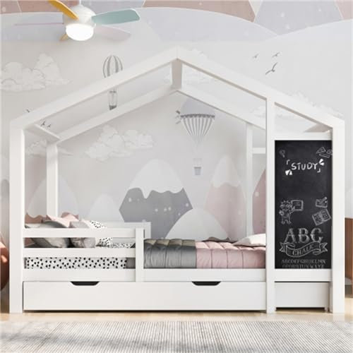 Kinderbett Aus Holz Mit Sicherheitsgeländer Und Tafel, Hausbett Mit Schubladen Und Lattenrost, 90 X 200 cm, Geeignet Für Jungen- Und Mädchenzimmer
