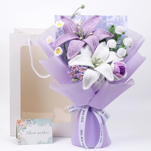 EZsenses Crochet Flower Bouquet, Handmade Knitted Lily Faux Crochet Flowers for Home Decor Valentines Day Anniversary Weddings Birthdays Mother’s Day, Includes Gift Bag and Greeting Card (Lily)