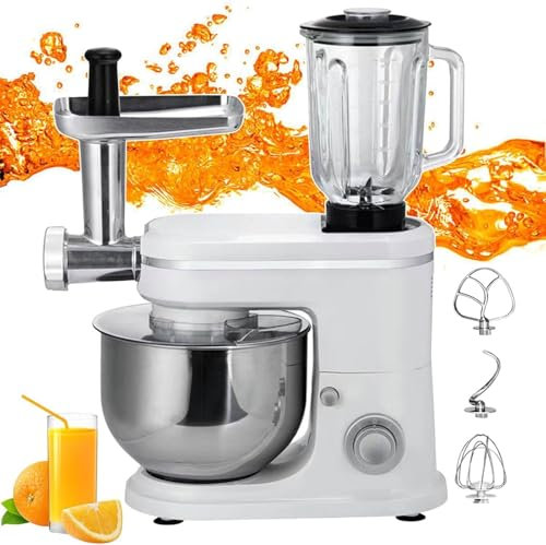 Batidora de pie multifuncional 3 en 1,batidora de cocina eléctrica, con licuadora de 1,5 l y picadora de carne con recipiente de acero inoxidable de 6 l,batidora de alimentos de 6 velocidades,White