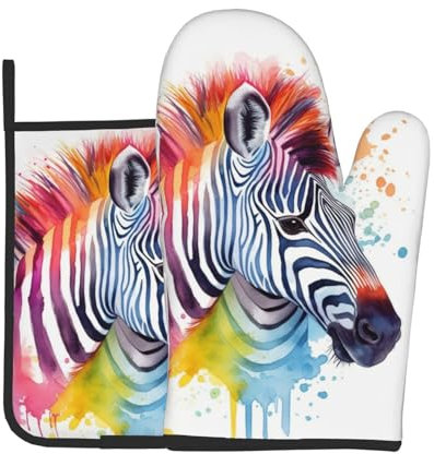 Oven Mitts and Pot Holders Set of 2 Heat Resistant Oven Gloves and Potholders Cute Colorful Zebra BBQ Gloves Hot Pads Cooking Gloves for Kitchen Baking Grilling