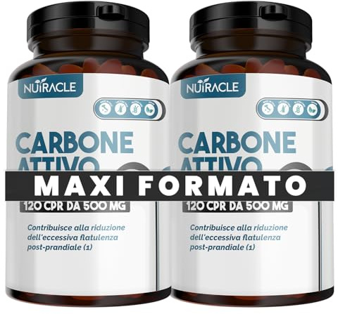 Nutracle Carbone Attivo Vegetale 120 compresse da 500mg - Integratore contro Gonfiore Addominale e Gas Intestinale Flatulenza per Uomo e Donna - Made in Italy (120 unità (Confezione da 2))