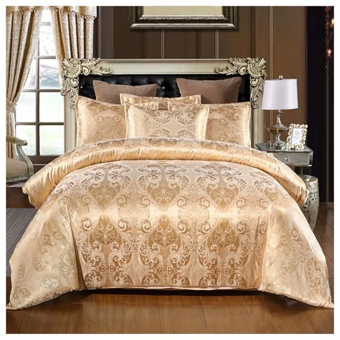 Satin Embroidery Duvet Cover Set King Size 3-Piece Luxury European Bedding Set Soft Jacquard Comforter Cover and 2 Pillowcases (Gold,Queen (U.S. Standard))