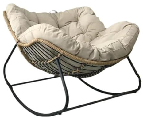 Eiförmiger Rattan-Schaukelstuhl mit dickem Kissen, bequem und hautfreundlich, ideal für Schlafzimmer, Wohnzimmer, Veranda, Garten, groß, gebrochenes Weiß
