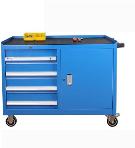 Kfz-Werkzeugschrank mit robusten Stahlschubladen und Werkbank, Werkzeuge in der Autoreparaturwerkstatt für effizienten und bequemen Zugang