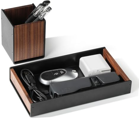 Yigeitopli Walnut Desk Drawer Storage Tray with Pen Holder, Wooden Desktop Organizer for Small Office Accessories, Scissors, Keys, Stationery