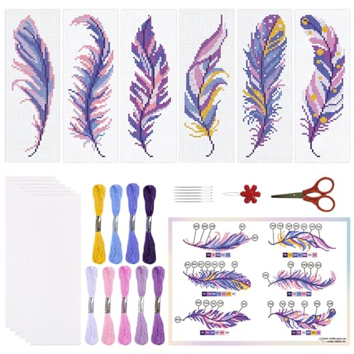ORIGACH 6 Stück Feder Kreuzstich Lesezeichen Set für Anfänger | 11CT Kreuzstich Set mit Anleitung Vorgedruckt, Vorgedruckt Sticken Lesezeichen-Set für Erwachsene Buch-Liebhaber