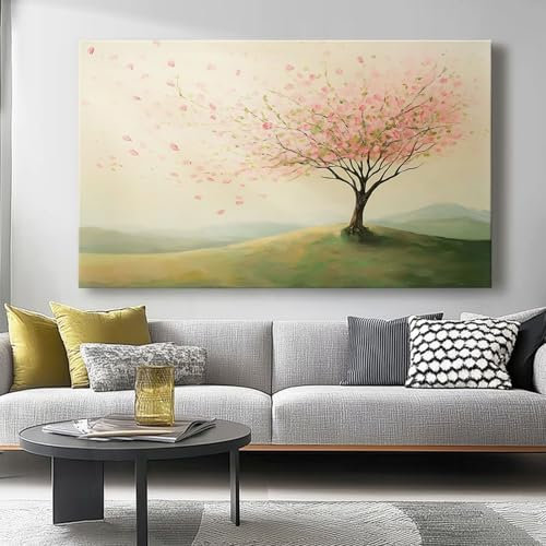 Bild auf Leinwand 150L x50B cm Schlafzimmer Home Deko Wohnung Kirschbaum, Frühling, pastoral Bild Wohnzimmer Fotoleinwand Wall Decor Kunstdruck Leinwand Poster Wandbilder, Rosa Beige