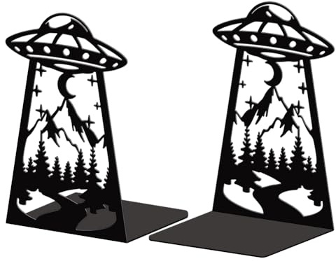 Peacoblue Serre Livre Original Metal Noir, Serre-Livres OVNI Design Moderne Serré Livre Decoratif Bureau pour Bureau, Cuisine, Étagère et Bibliothèque, 1 Paire