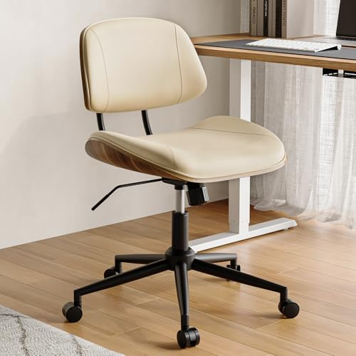 BERYTH Armless Office Chair with Wheels, PU Leather Desk Chair, Beige | Adjustable Height Task Chair, 360° Swivel Ergonomic Computer Chair for Small Space, Modern Walnut Style, Home & Meeting Room