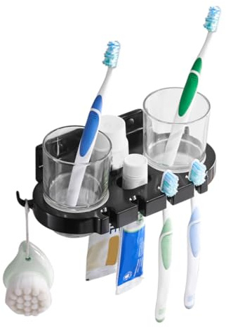 CVUTOVO Soporte de Cepillo de Dientes sin Taladro de Aluminio Negro Doble Portavasos con Ganchos para Baño Antióxido y de Espacio