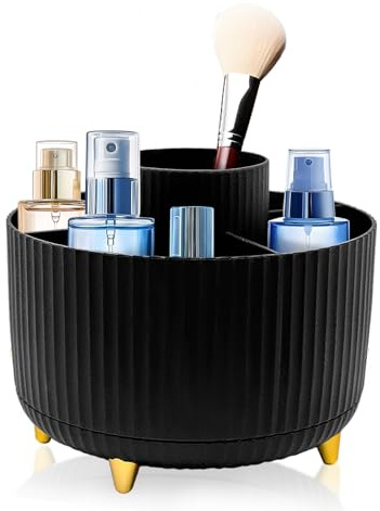 HVIHWI Organizador de Maquillaje Giratorio 360°, Organizador Brochas Maquillaje con 5 Compartimentos, Almacenamiento para Cosméticos, Pintalabios, Skincare, Ideal para Tocador, Baño, Dormitorio, Negro