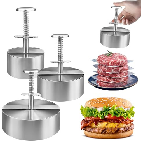 HFZCV 304 Edelstahl Burger Press, 8 cm/11,5 cm /14 cm Verstellbarer Hamburger Patty Maker, Antihaft Patty Press für Rindfleisch, Gemüse und Burger Zubereitung (3er-Set)