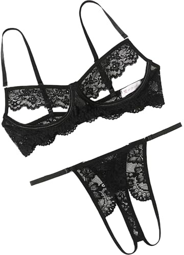 Avidlove Sexy Floral Lace Cutout Lingerie Set for Women Bra Panty 2 Piece Sheer Lingerie Set Outfits Black Small