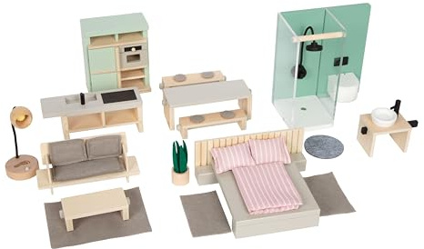 small Foot Puppenhausmöbel Set, detailreiches Möbelset mit hohem sichtbaren Holzanteil, Ausstattung für Puppenhäuser, für Kinder ab 3 Jahren, 27 Teile 12818